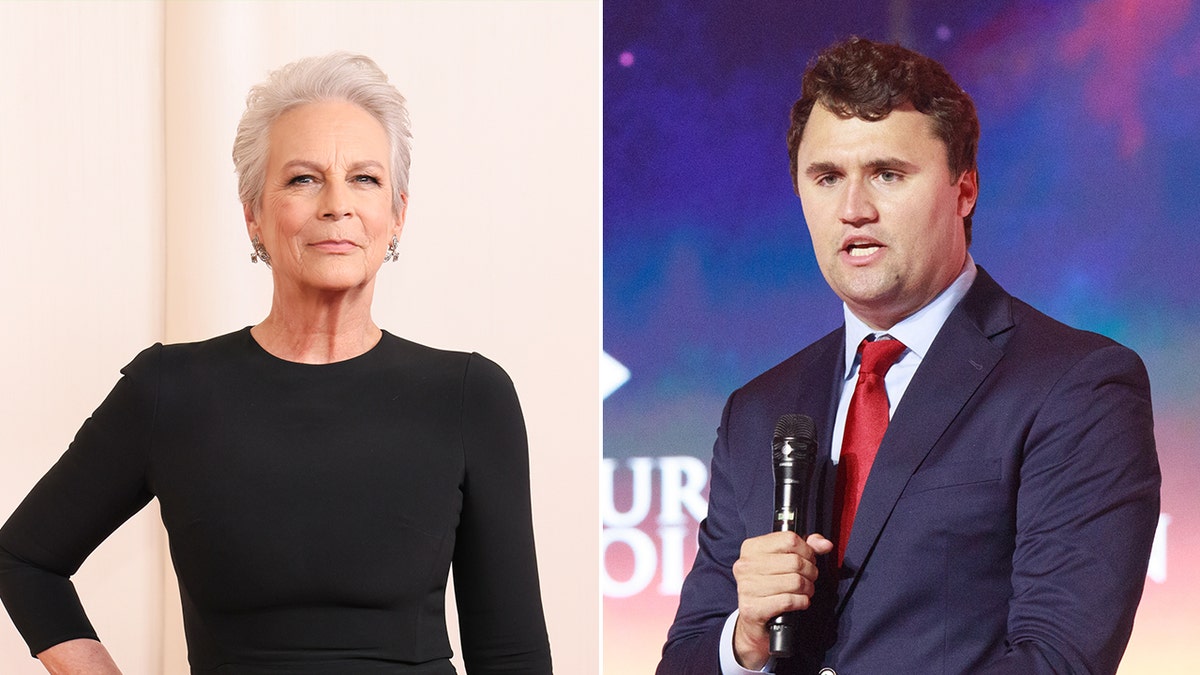 Split image of Jaime Lee Curtis in a black long sleeve outfit and Charlie Kirk holding a microphone