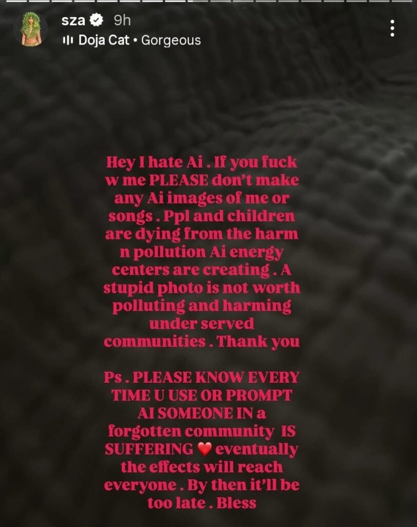SZA asks fans to stop making AI photos of her: "Every time you use or prompt AI someone in a forgotten community is suffering"