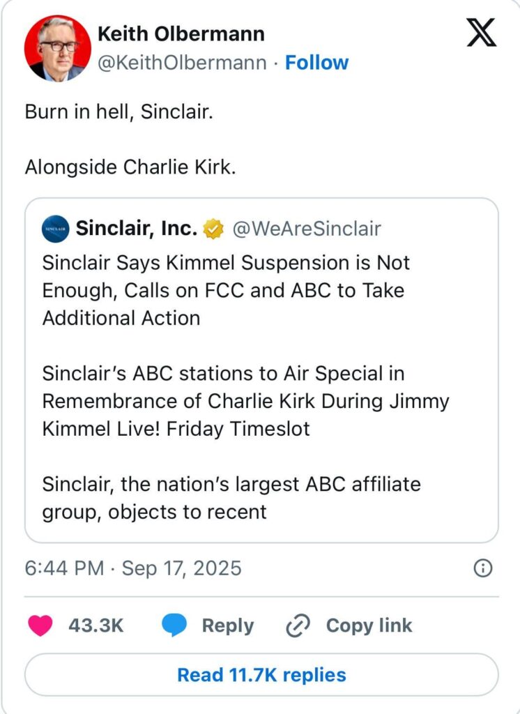 Former MSNBC host Keith Olbermann tells ABC affiliate group Sinclair to burn in hell 'alongside Charlie Kirk'