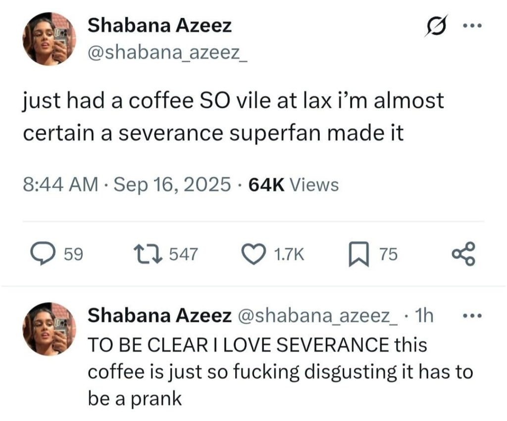 Shabana Azeez (Victoria Javadi on The Pitt) takes a playful swipe at the angry Severance fans