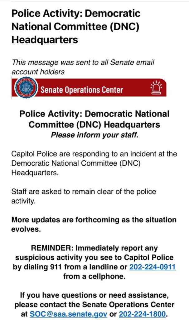 Capitol Police responded to an incident at the Democratic National Committee headquarters in Washington D.C. earlier today