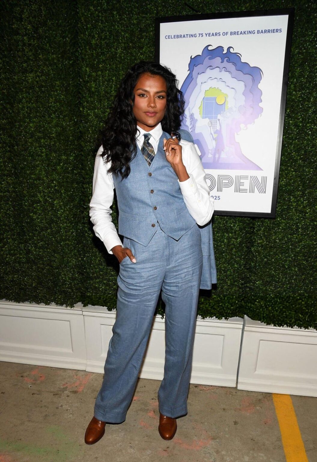 Simone Ashley stuns in a Polo Ralph Lauren suit at the US Open Women’s Finals Match between Sabalenka & Anisimova. (September 6, 2025)