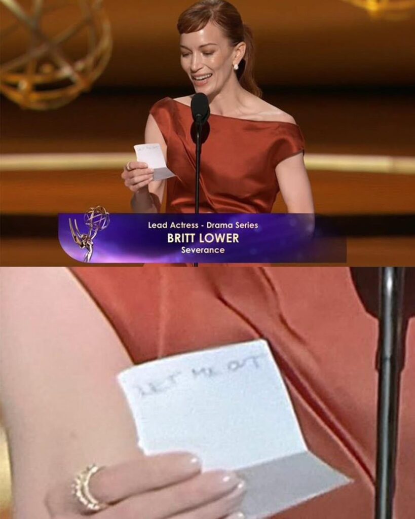 Helly R or Helena? Severance star Britt Lower accepts the Emmys for Lead Actress (Drama), with a little message on the back of her speech