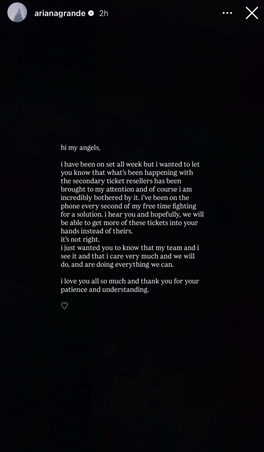 Ariana Grande posts insta-story saying she’s “incredibly bothered” by resellers of her upcoming tour and is working on a solution
