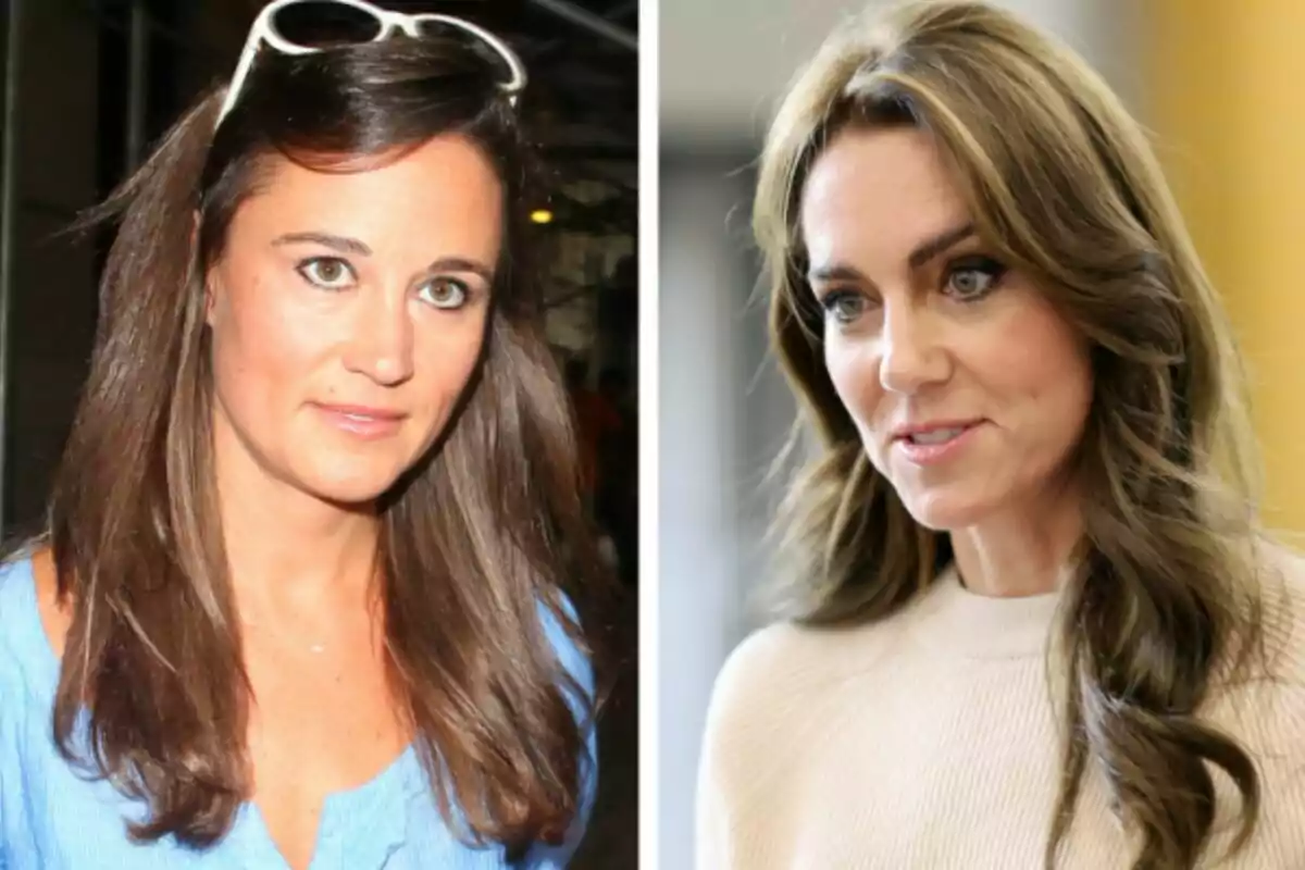 Two women with brown hair pose in separate photos, Pippa Middleton wears sunglasses on her head and a blue blouse, while the other, Kate Middleton, wears a light sweater.
