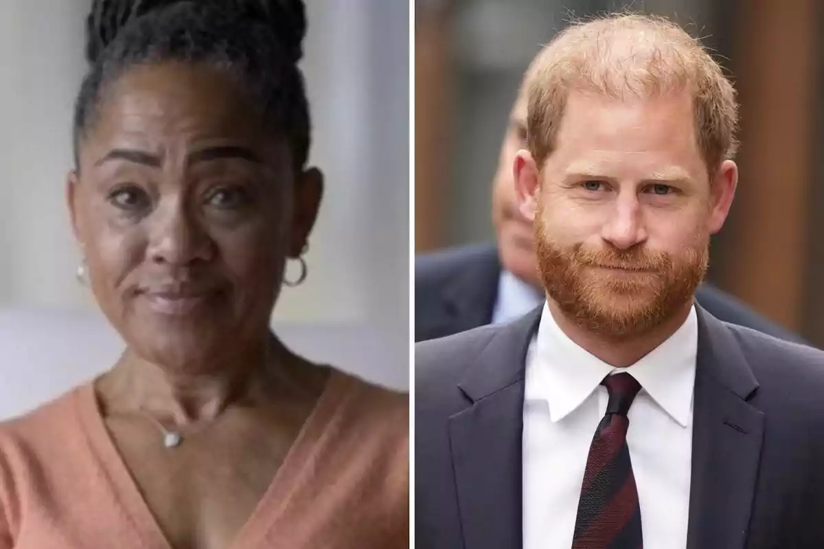 Doria Ragland, with her hair up and wearing a peach-colored sweater, appears next to Prince Harry in formal attire.