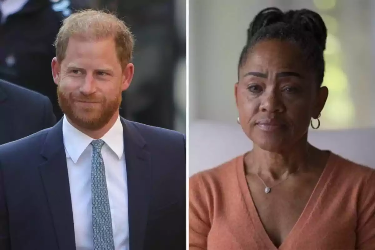 Prince Harry and Doria Ragland in a split image, one on the left in a suit and tie and the other on the right in an orange sweater with hair tied back.