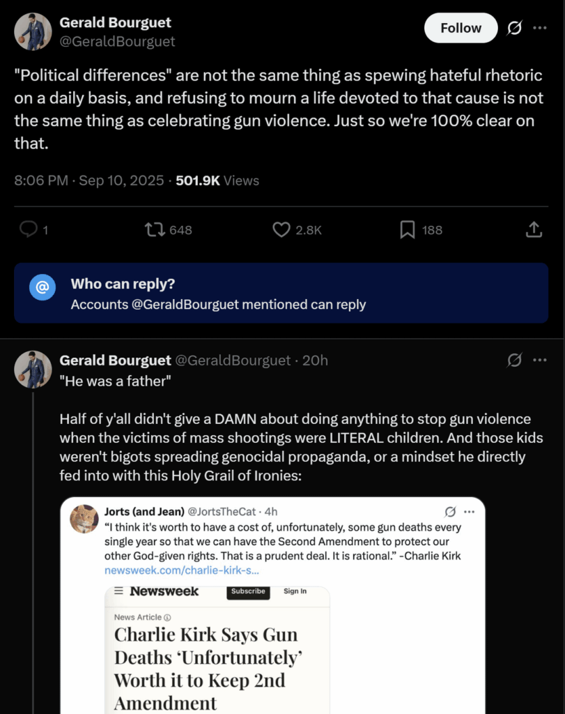 PHNX Sports Suns writer Gerald Bourguet fired after his incredibly correct Charlie Kirk posts: "Half of y'all didn't give a DAMN about doing anything to stop gun violence when the victims of mass shootings were LITERAL children. And those kids weren't bigots spreading genocidal propaganda"