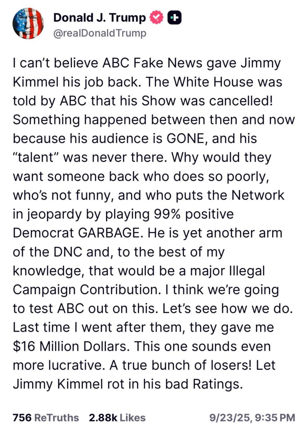 Trump crashing out because Jimmy Kimmel is coming back on TV