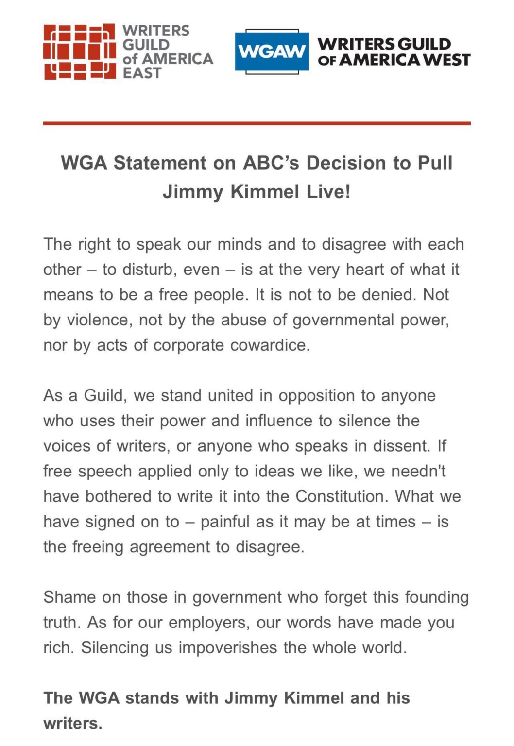 WGA’s statement on ABC’s decision to pull Jimmy Kimmel Live! off the air