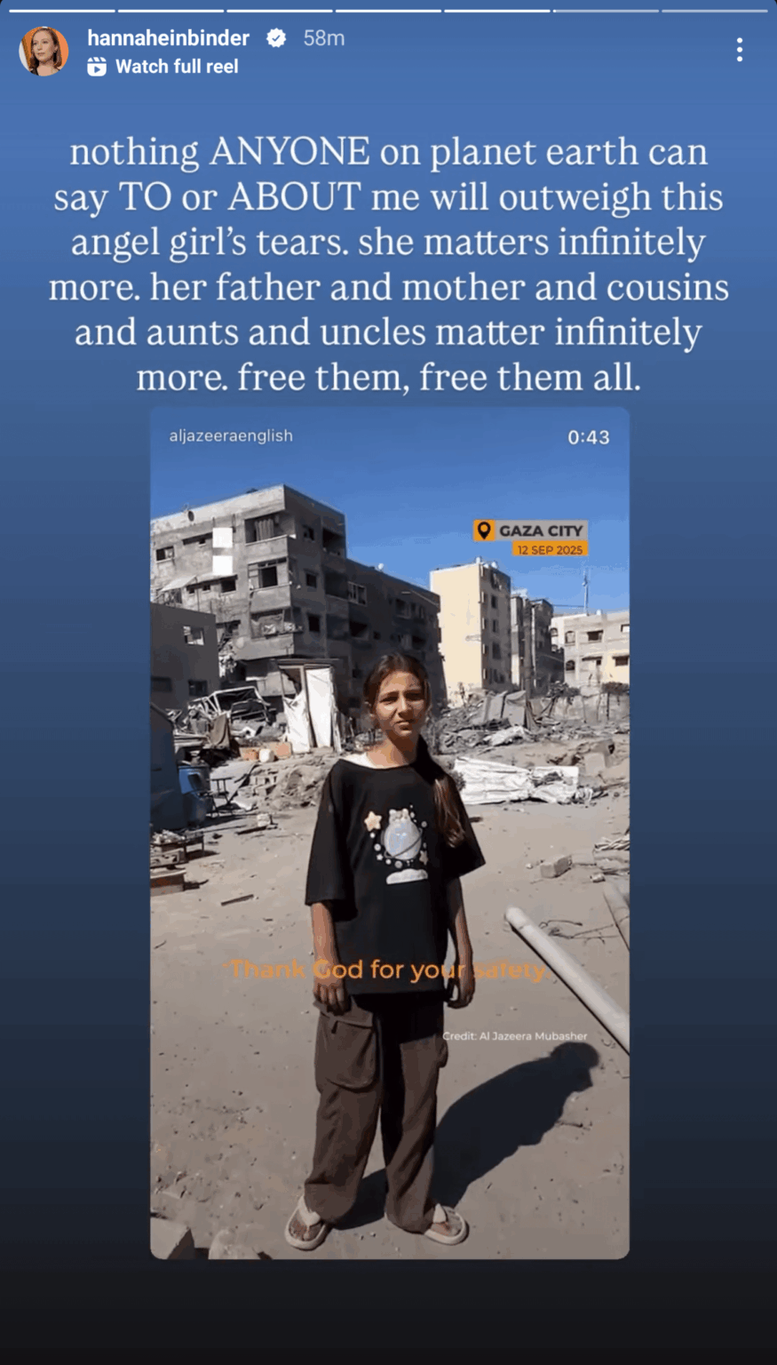 Hannah Einbinder responds to the attacks on her speech by redirecting the focus to Palestinian suffering: “Nothing anyone on planet earth can say to or about me will outweigh this angel girl’s tears."