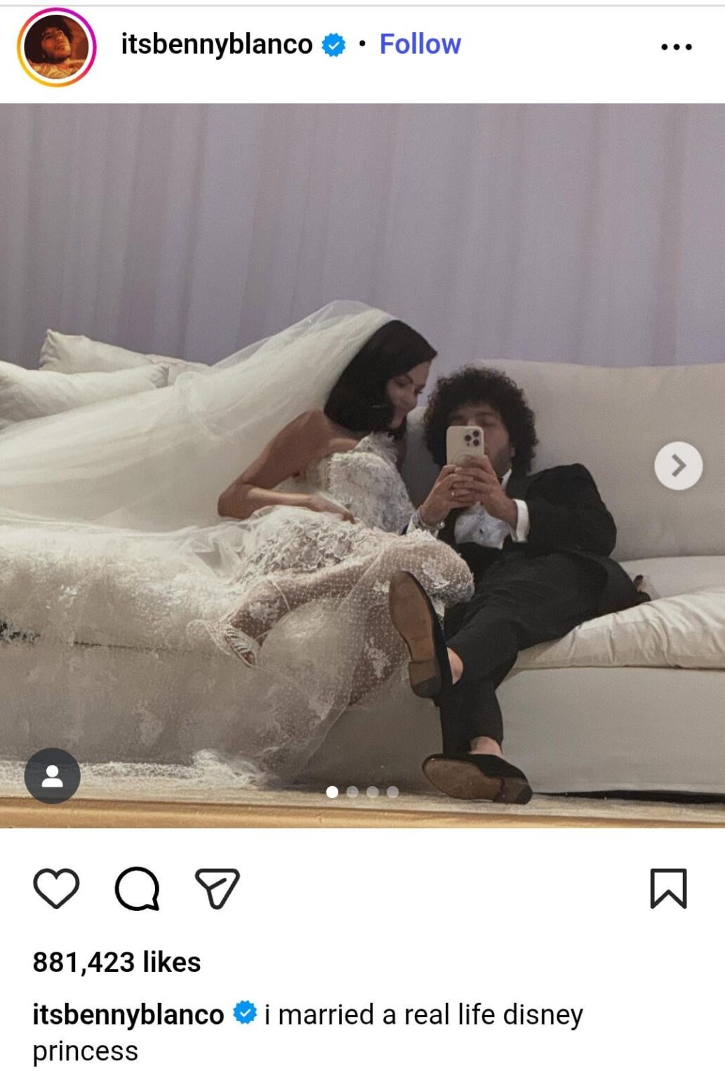 Benny Blanco is a happy man. Posts pictures of the wedding on Instagram: "I married a real life Disney princesses"
