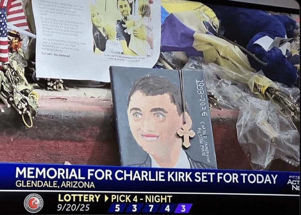 just want to thank the artist who brought this eerily accurate depiction of Charlie Kirk to his memorial for all to see