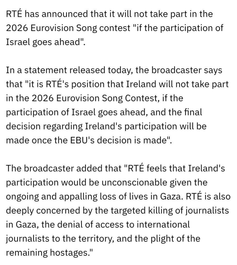 Ireland will not participate in Eurovision if Israel takes part