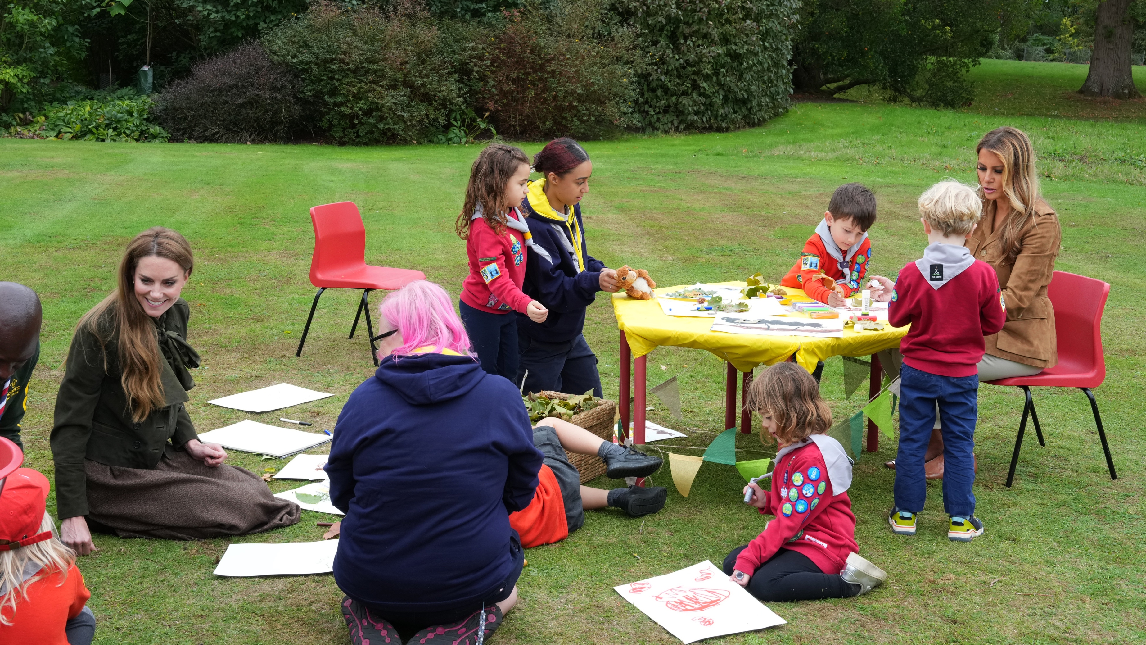 U.S. First Lady Melania Trump and Catherine, Princess of Wales meet members of the Scouts' Squirrels programme