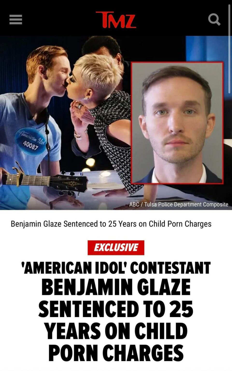 Benjamin Glaze (the guy who Katy Perry infamously kissed on American Idol) sentenced to 25 years for CP