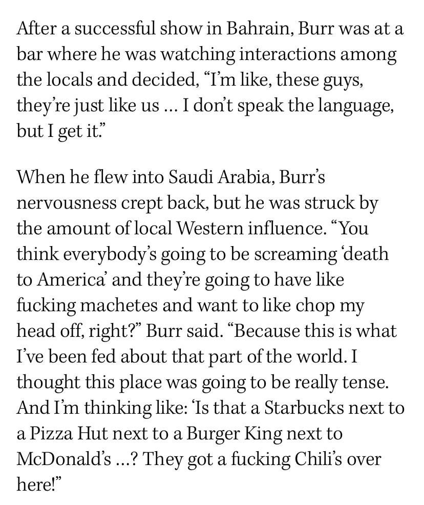 Bill Burr realizes Arabs are humans “just like us” too only after getting paid with Saudi blood money