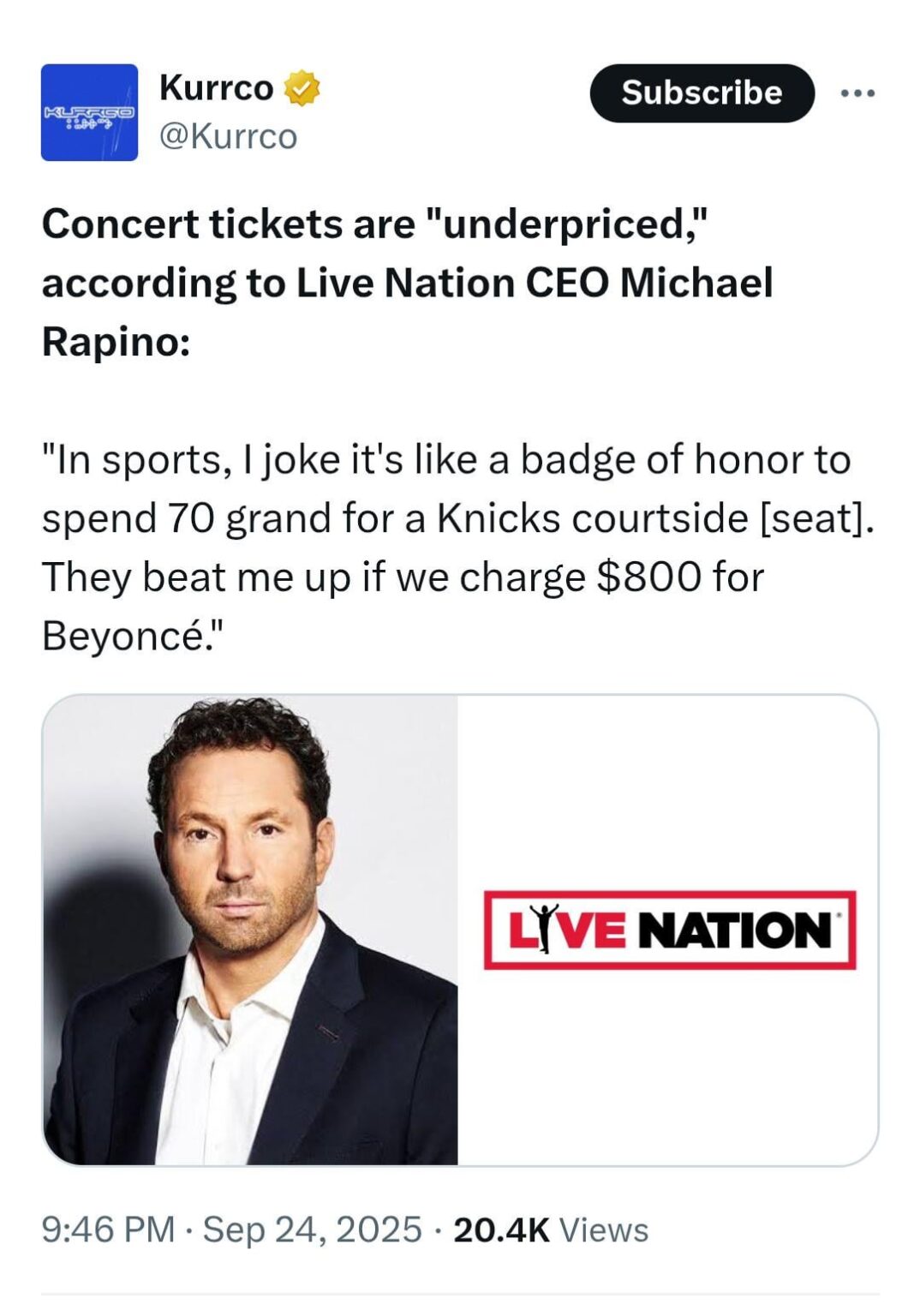 Livenation CEO Michael Rapino says concert tickets are ‘underpriced’ Livenation CEO Michael Rapino says concert tickets are 'underpriced'