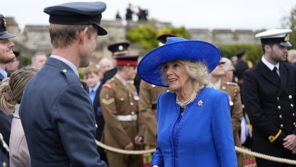 Queen Camilla wears a Tiffany & Co. brooch gifted to her by the Trumps at the Beating Retreat military ceremony at Windsor Castle on Sept. 17, 2025 in Windsor, England.