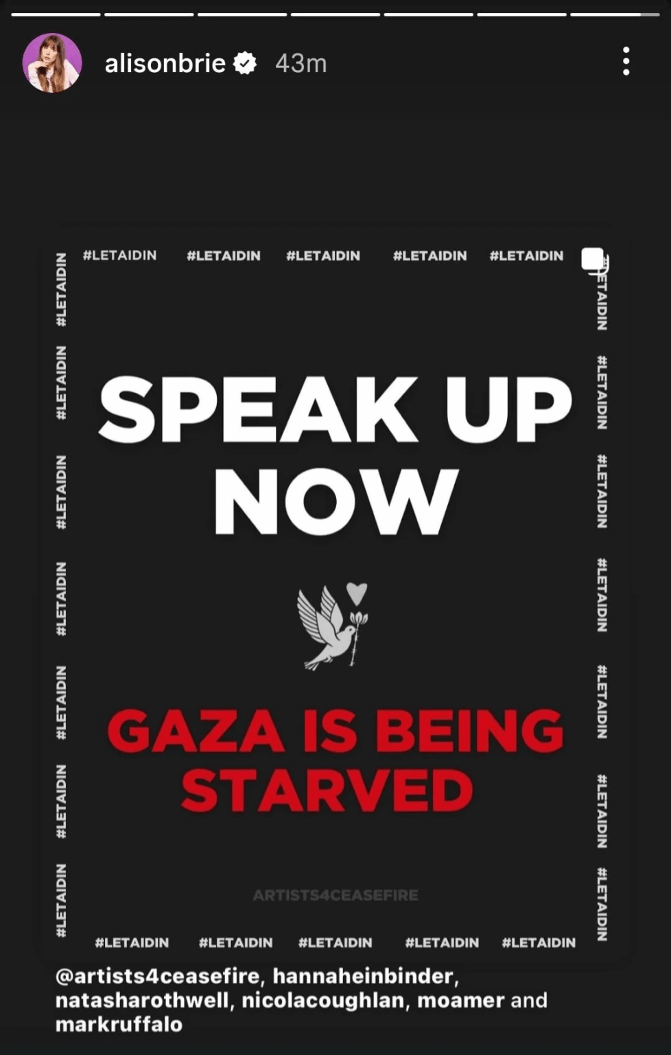 Alison Brie shared the Artists4Ceasefire post in support for Gaza
