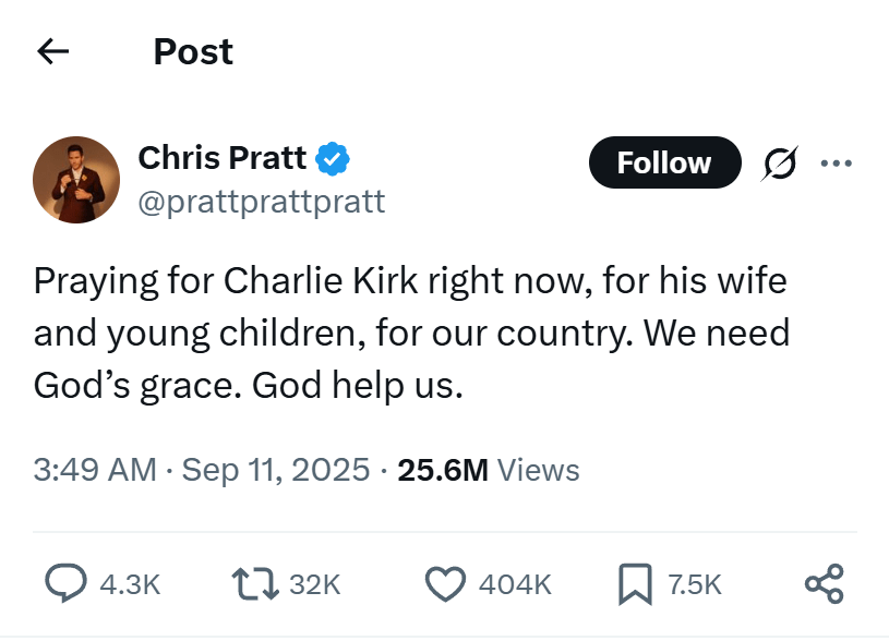Chris Pratt prayed for Charlie Kirk