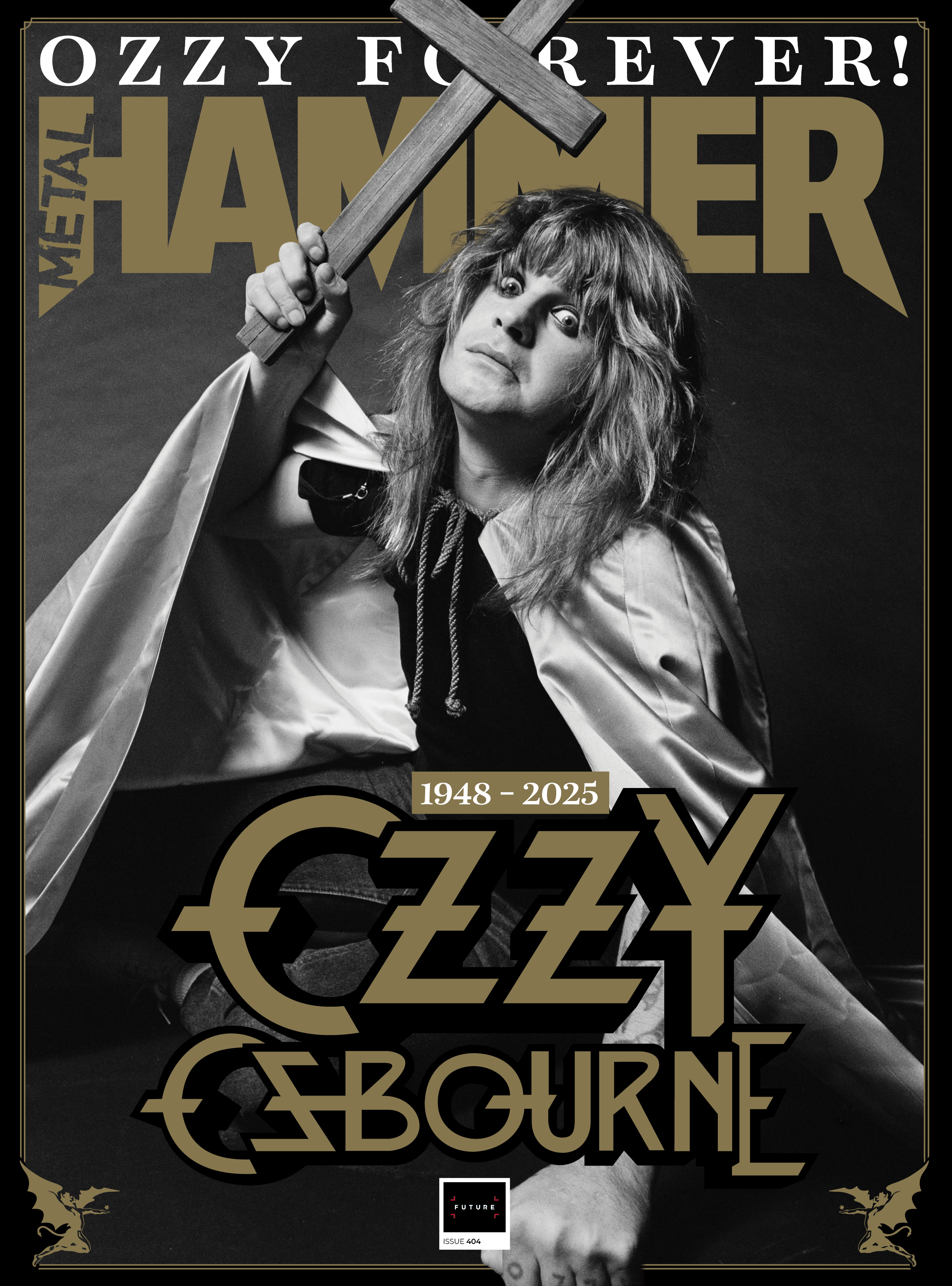 Ozzy Osbourne holding a cross on the cover of Metal Hammer