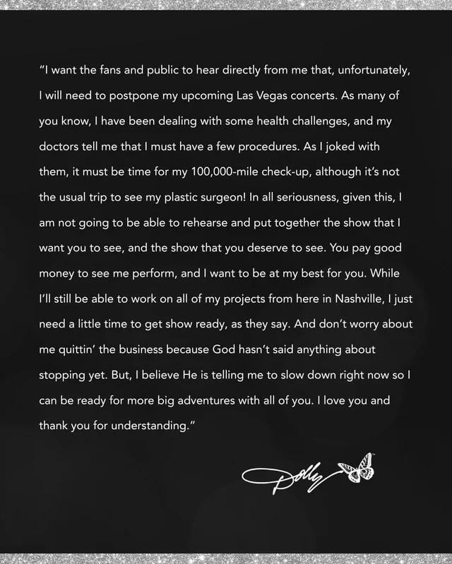 Dolly Parton has an announcement regarding her upcoming concerts.