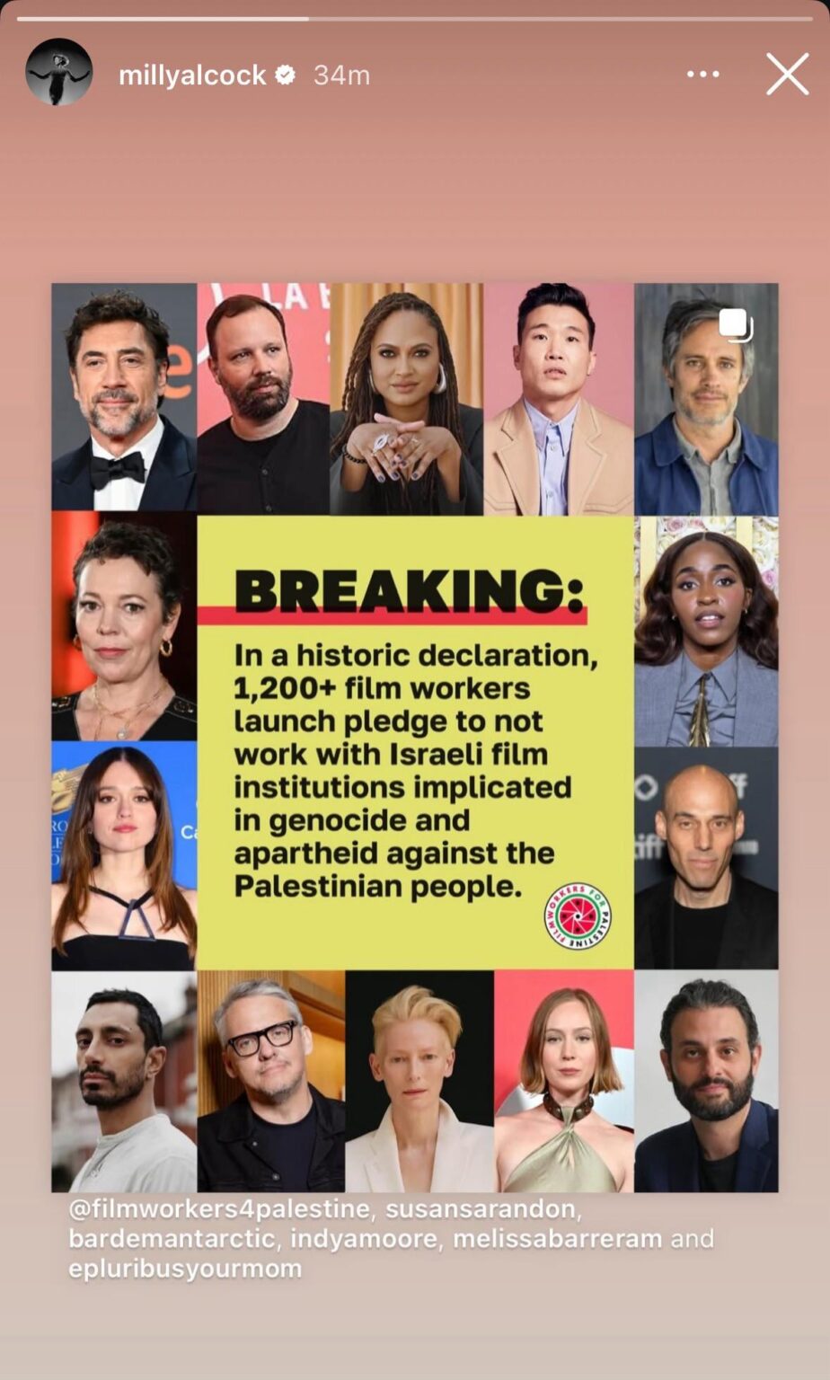 “Supergirl” actress Milly Alcock shares post in support of Film Workers for Palestine