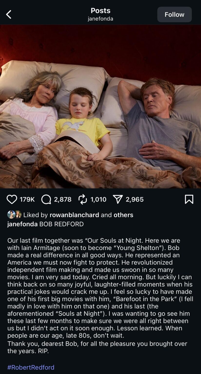 Jane Fonda’s instagram post about Robert Redford