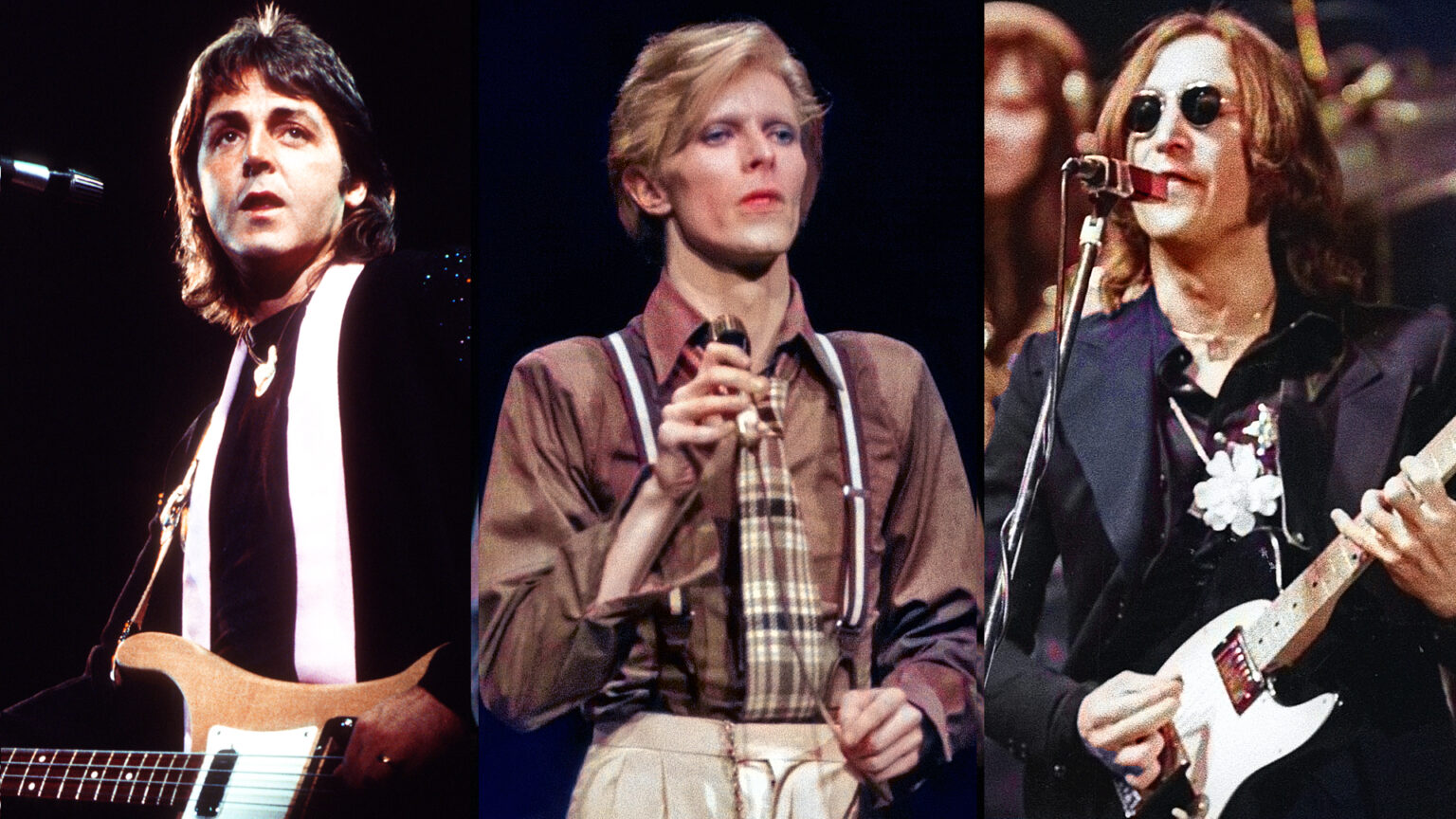 John Lennon, Paul McCartney and David Bowie almost formed a group LEFT: Paul McCartney, fronts his next band "Wings" in May 1976 in Los Angeles, California. CENTER: David BOWIE, performing live onstage on Philly Dogs Tour, 1975. RIGHT: John LENNON, performing live onstage - last live appearance, with Elton John, 1975