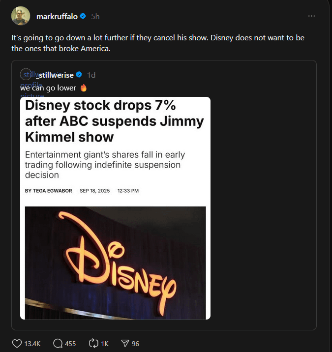 Mark Ruffalo on Disney's stock dropping 7% since Jimmy Kimmel's suspension: "It’s going to go down a lot further if they cancel his show. Disney does not want to be the ones that broke America."