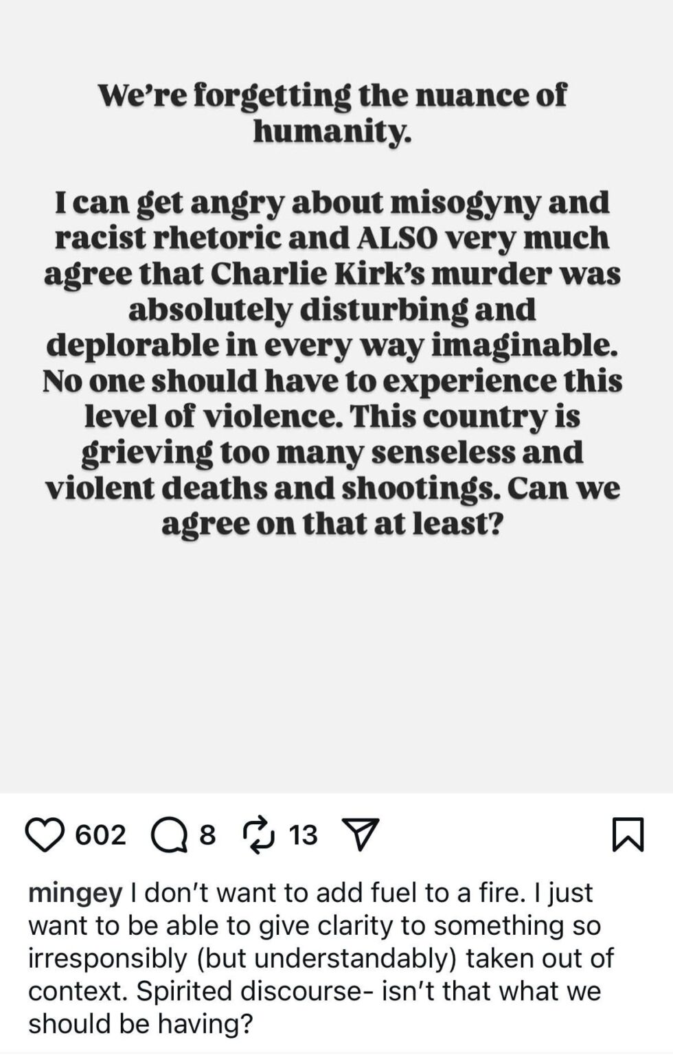 Amanda Seyfried posts about Charlie Kirk