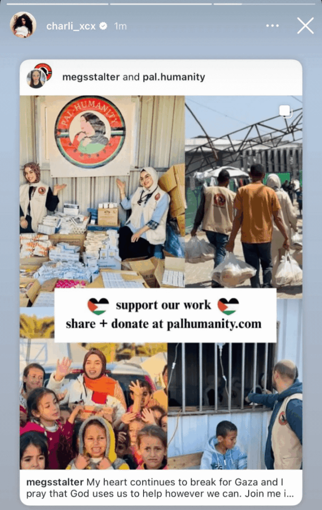 Charli xcx posts on instagram stories about a Palestinian charity.