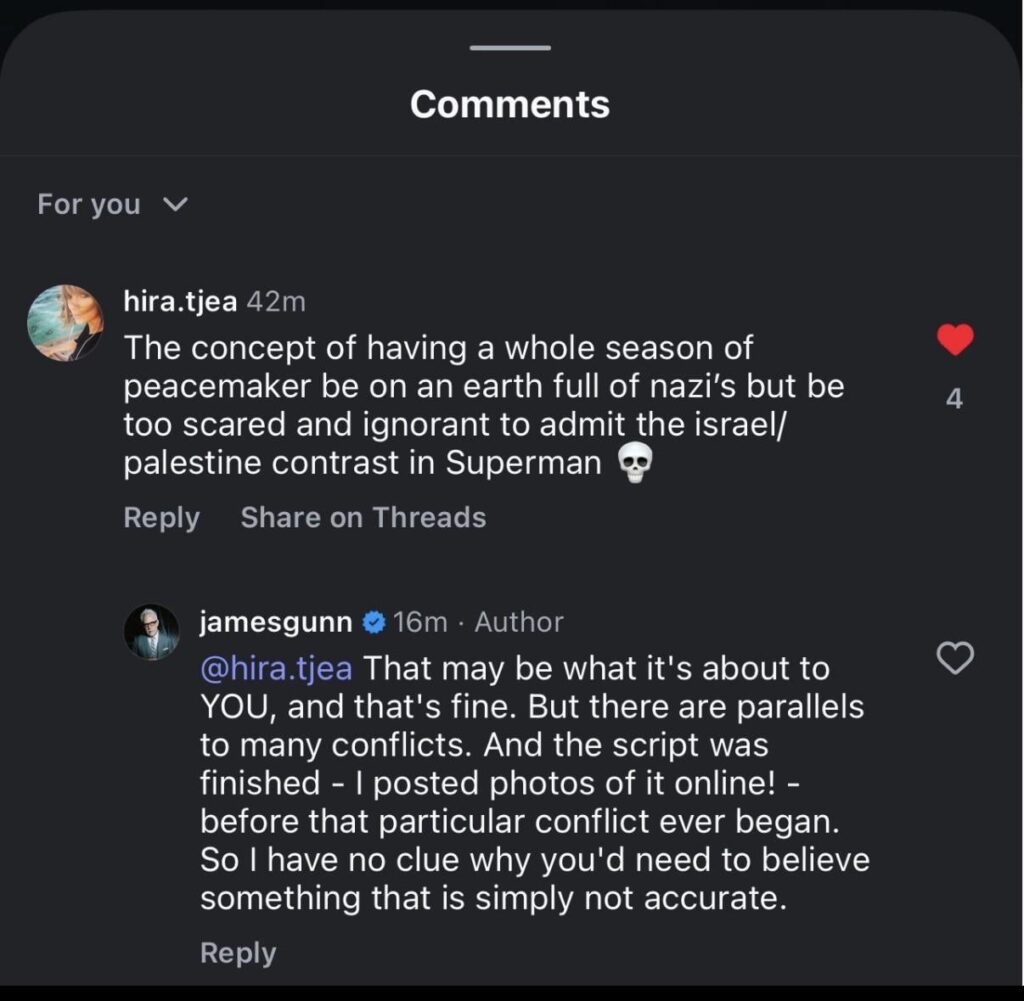 James Gunn doubling down on Superman not referencing Gaza in now deleted instagram comment