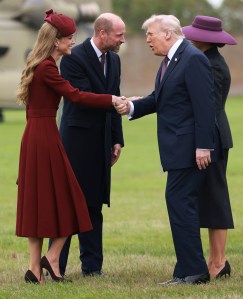 WINDSOR, ENGLAND - SEPTEMBER 17: Catherine, Princess of Wales (L) and Prince William, Prince of Wales (2nd L) welcome US President Donald Trump and First Lady Melania Trump to Windsor Castle with on day two of the US President Donald Trump's second state visit to the UK on September 17, 2025 in Windsor, England. (Photo by Ian Vogler - WPA Pool/Getty Images)