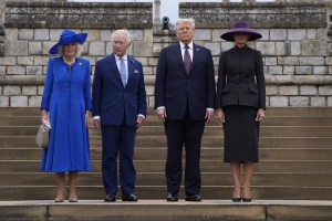 WINDSOR, ENGLAND - SEPTEMBER 17: (L-R) Queen Camilla, King Charles III, US President Donald Trump and First Lady Melania Trump arrive for the Beating Retreat military ceremony at Windsor Castle, Berkshire, on day two of the president's second state visit to the UK on September 17, 2025 in Windsor, England. (Photo by Andrew Matthews - WPA Pool/Getty Images)