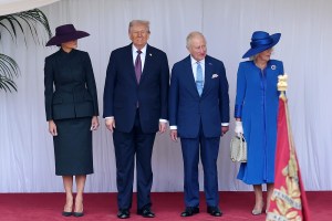 WINDSOR, ENGLAND - SEPTEMBER 17: First Lady Melania Trump, U.S. President Donald Trump, King Charles III and Queen Camilla during the State visit by the President of the United States of America at Windsor Castle on September 17, 2025 in Windsor, England. (Photo by Chris Jackson/Getty Images)