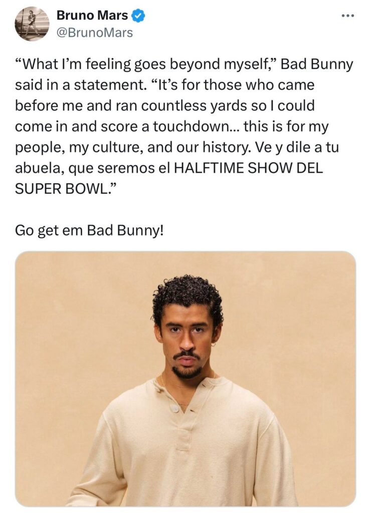 Former Super Bowl halftime performers Bruno Mars, Shakira and Jennifer Lopez show support for Bad Bunny