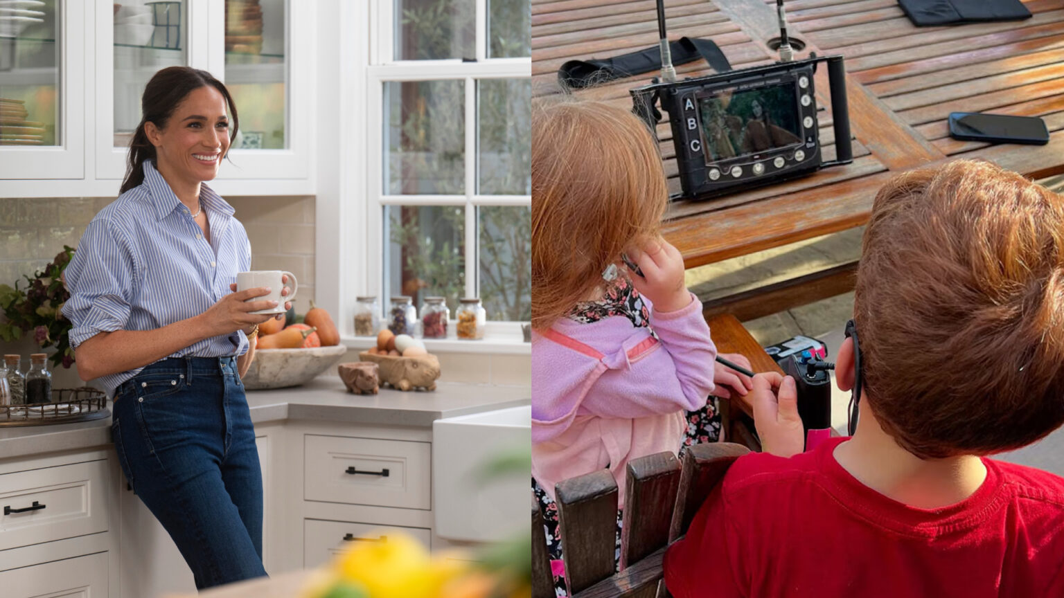 Meghan Markle Shares Her Favorite Back-to-School Tips Meghan Markle wearing a striped shirt standing in a kitchen; Prince Archie and Princess Lilibet wearing headphones looking at a screen