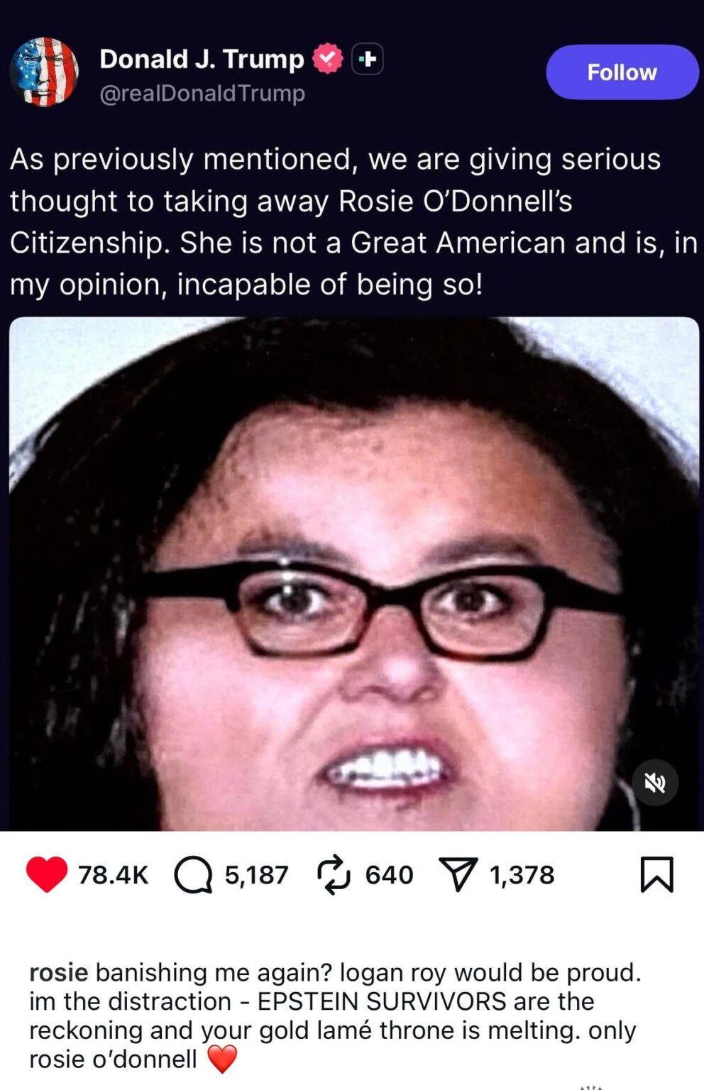 Rosie O’Donnell says she is being used as a distraction and that the “Epstein survivors are the reckoning” after Trump threatened to revoke her citizenship again yesterday