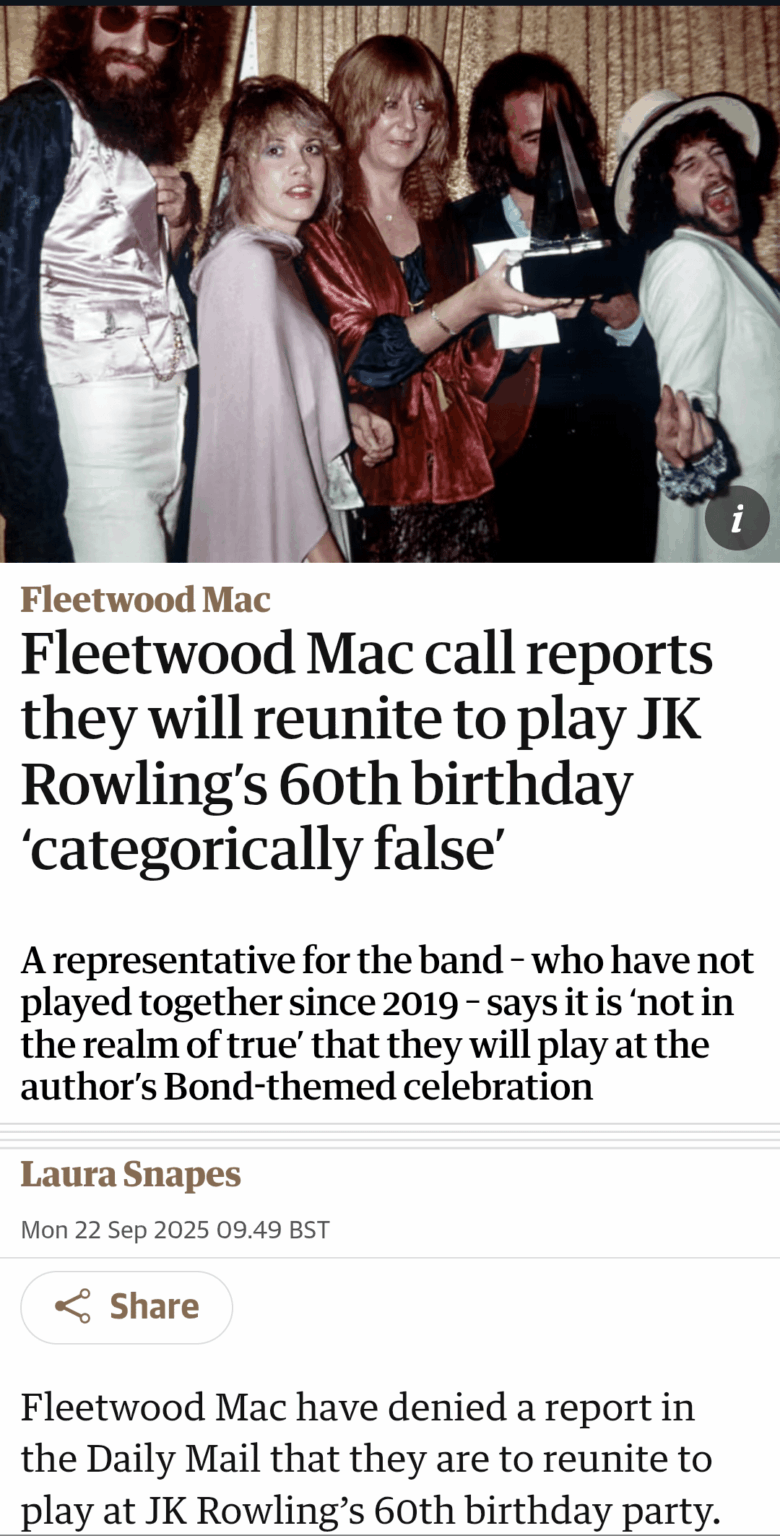 Fleetwood Mac deny rumours of their return for an author's birthday party