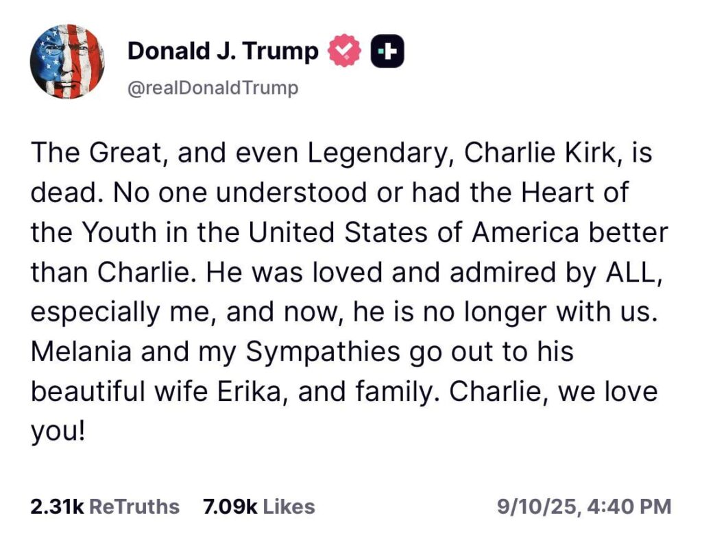 Donald Trump confirms that Charlie Kirk has died at 31.