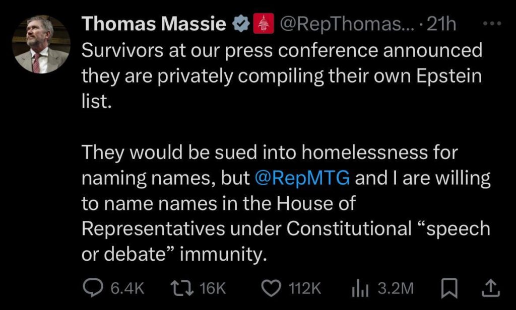 Rep Thomas Massie says he’ll name names in the Epstein files under Constitutional Immunity in the House of Representatives