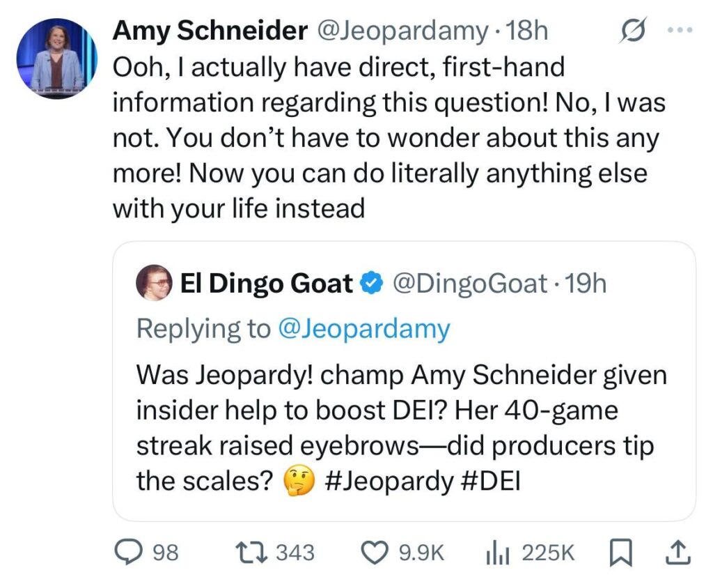 ‘Jeopardy’ champion Amy Schneider, who holds the second-longest winning streak in the program's history, responds to someone questioning whether she had “insider help to boost DEI”