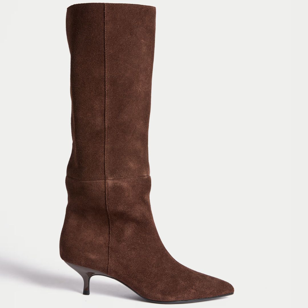 M&amp;S Chocolate Brown Suede Kitten Heel Boots