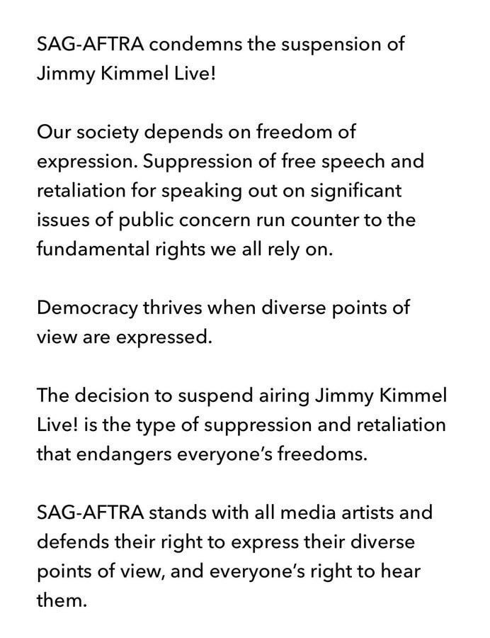 SAG-AFTRA condemns the suspension of Jimmy Kimmel Live!