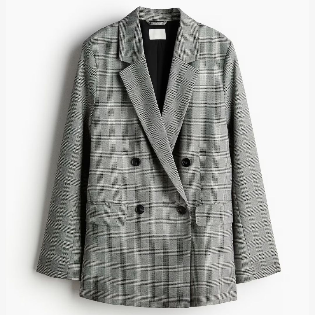 H&amp;M Double-Breasted Grey Checked Blazer