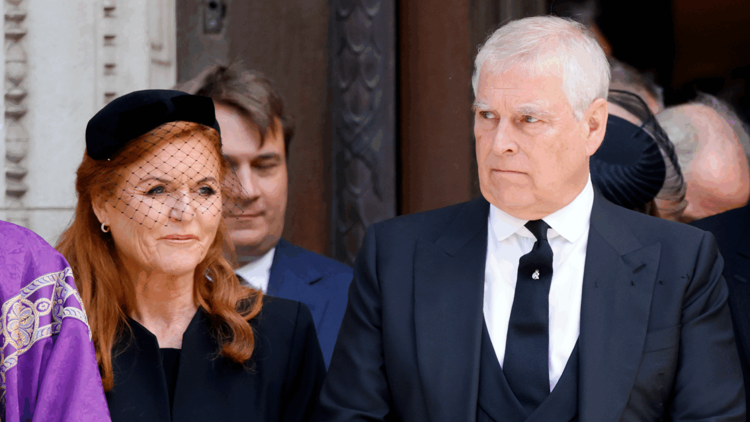 Sarah Ferguson and Prince Andrew wearing black clothing at the Duchess of Kent's funeral
