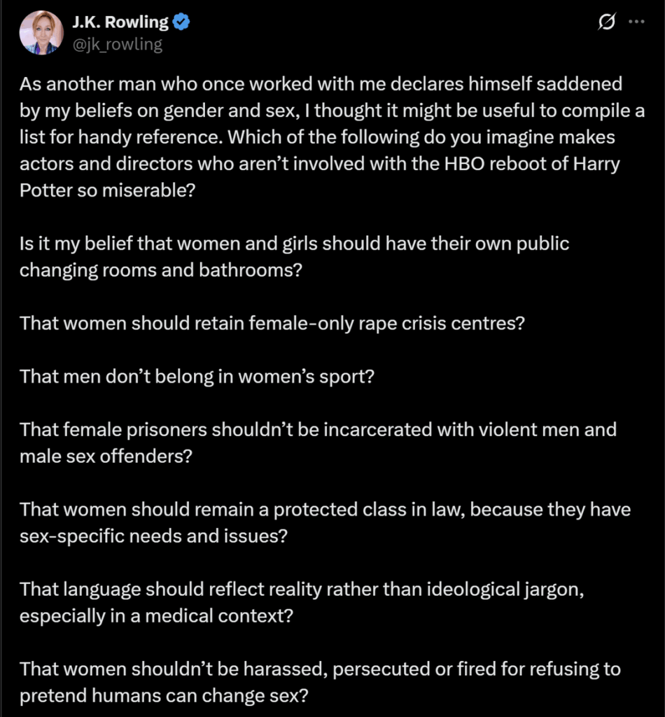Completely sane JK Rowling crashes out on Twitter after Harry Potter director Christopher Columbus said a reunion with the cast would be 'impossible' due to the author's ongoing trans hatred