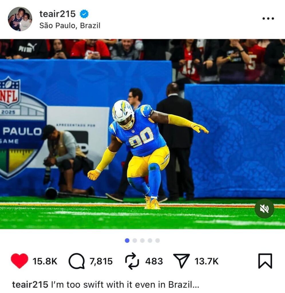 Teair Tart’s latest IG post after he slapped Travis Kelce during the Chargers vs Chiefs game: “I’m too swift with it even in Brazil…”